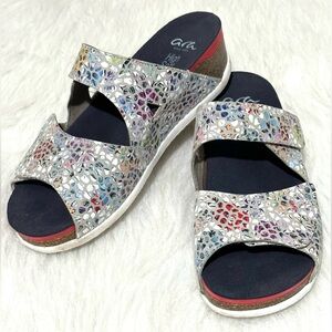 Ara Napa Adjustable Cork Wedge Slide Sandal Multicolor “Konfetti” Size 8 EUC